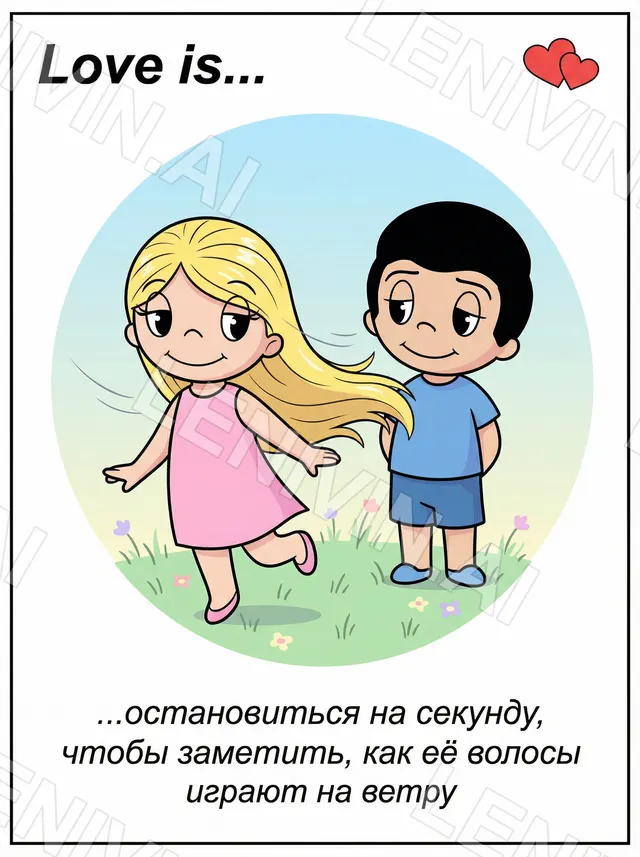 Открытка «Love is…»: белокурая девочка в розовом платье бежит по лугу рядом с мальчиком в синем, подпись про ветер в волосах