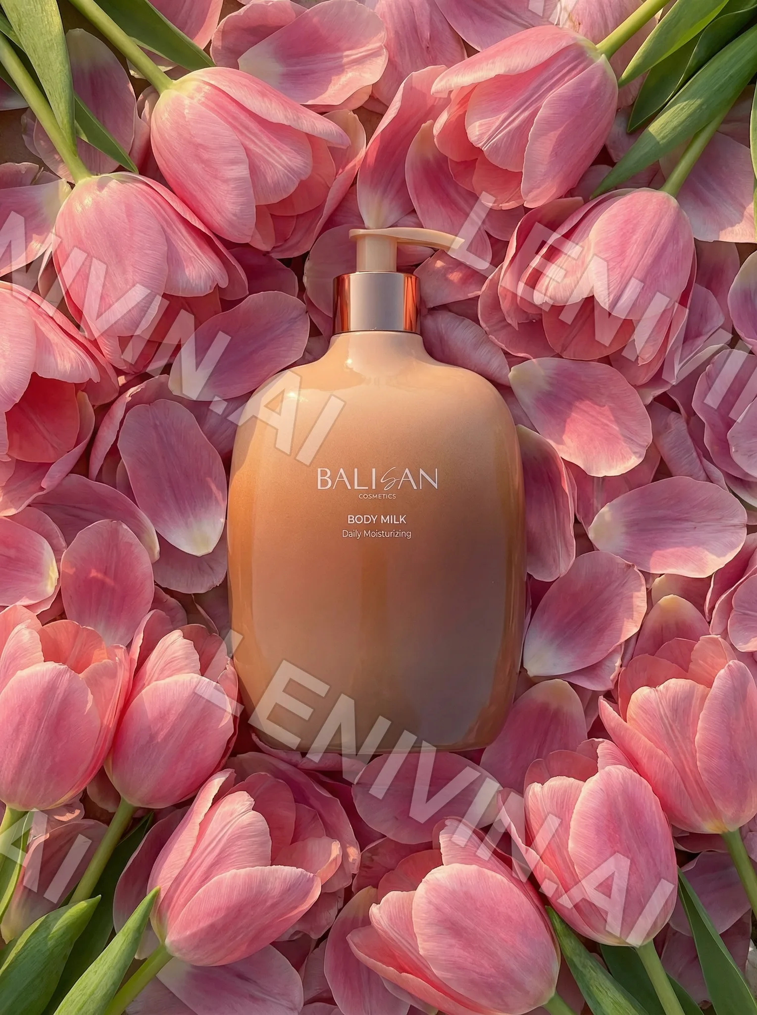 Флакон Body Milk Balisan среди розовых тюльпанов и лепестков, вид сверху