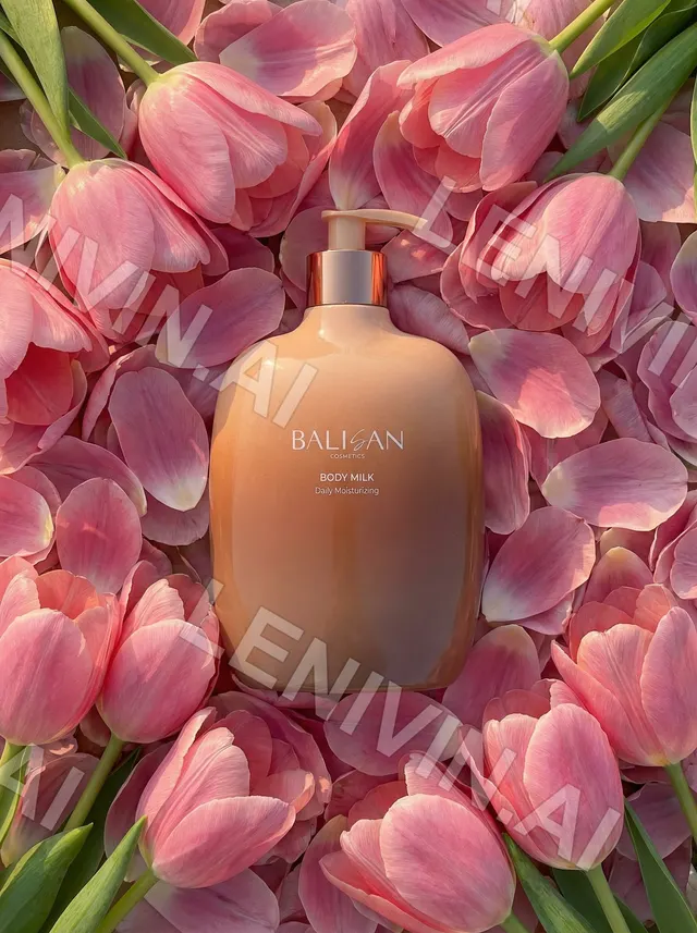 Флакон Body Milk Balisan среди розовых тюльпанов и лепестков, вид сверху