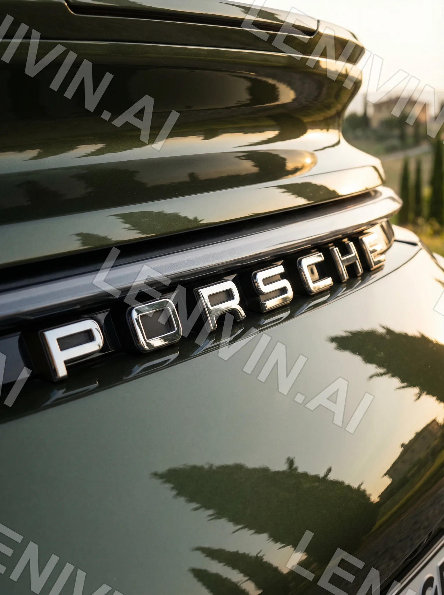 Надпись PORSCHE на оливковом кузове, тени пальмовых листьев
