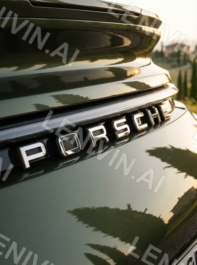 Надпись PORSCHE на оливковом кузове, тени пальмовых листьев
