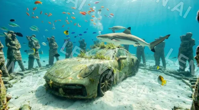 Ролик: затонувший Porsche на дне, вокруг косяки рыб, акула и статуи