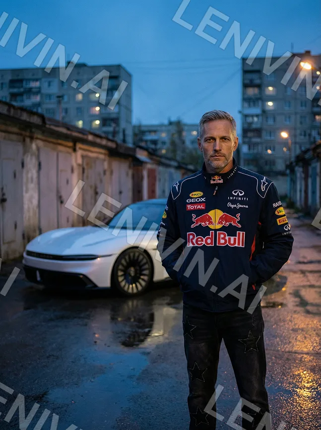 Мужчина в куртке Red Bull стоит перед белым авто в гаражном дворе, мокрый асфальт