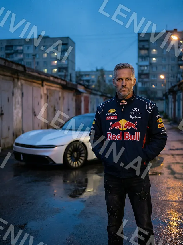 Мужчина в куртке Red Bull стоит перед белым авто в гаражном дворе, мокрый асфальт
