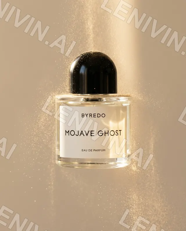 Флакон духов Byredo Mojave Ghost с чёрной крышкой на золотистом фоне с блестящей пылью