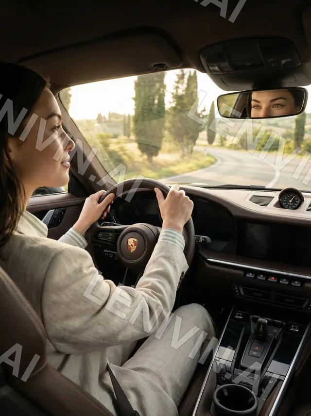 Женщина за рулём Porsche, за окном кипарисы и дорога