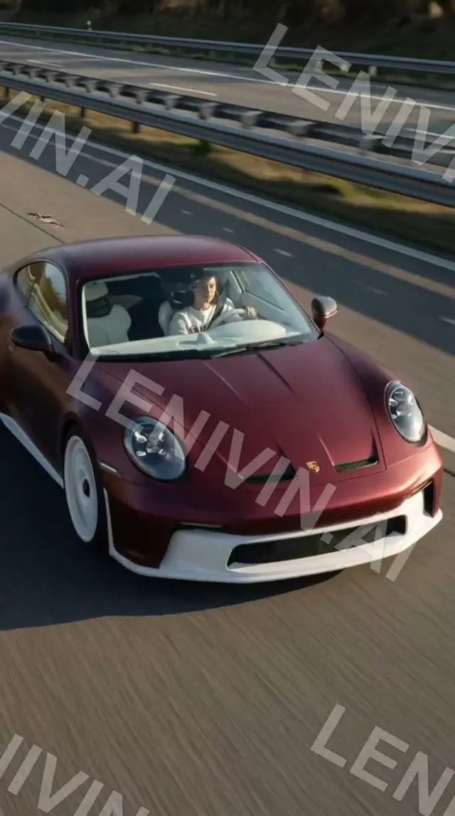Ролик: бордовый Porsche 911 едет по шоссе, вид сверху
