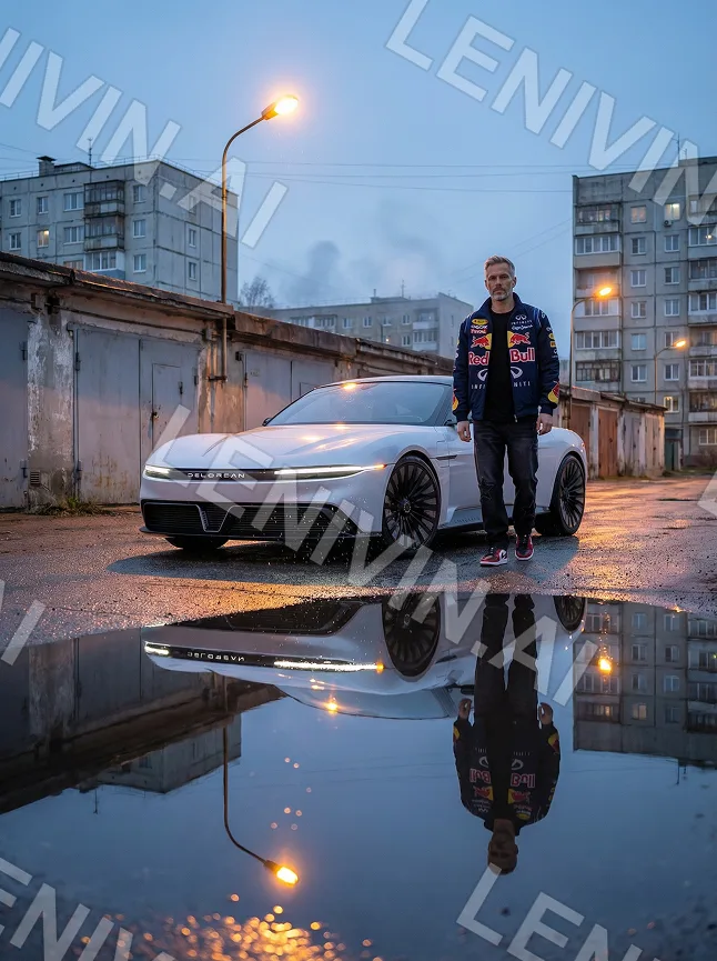 Мужчина в куртке Red Bull стоит у белого авто во дворе гаражей, отражение в луже