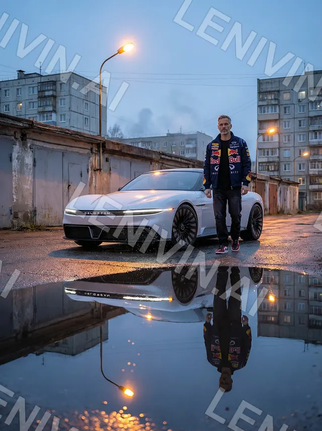 Мужчина в куртке Red Bull стоит у белого авто во дворе гаражей, отражение в луже