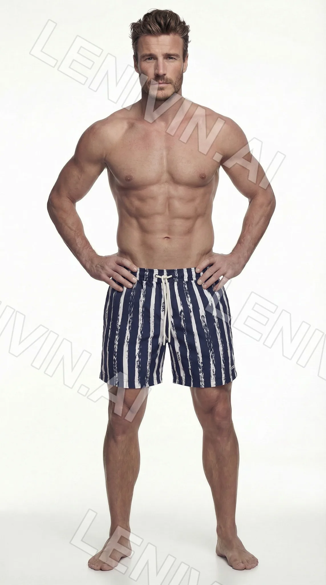 Мускулистый мужчина с торсом в полосатых тёмно-синих шортах стоит босиком, руки на бёдрах