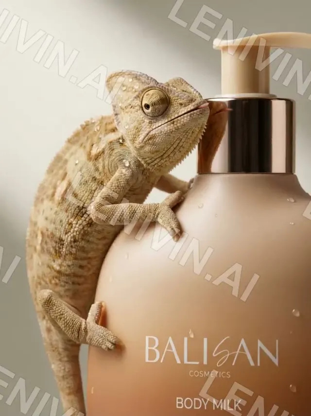 Ролик: хамелеон обнимает бутылку лосьона Balisan Body Milk, светлый фон