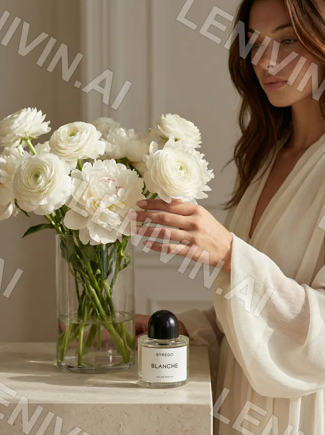 Девушка в белом халате у вазы с белыми пионами, на столике флакон Byredo Blanche