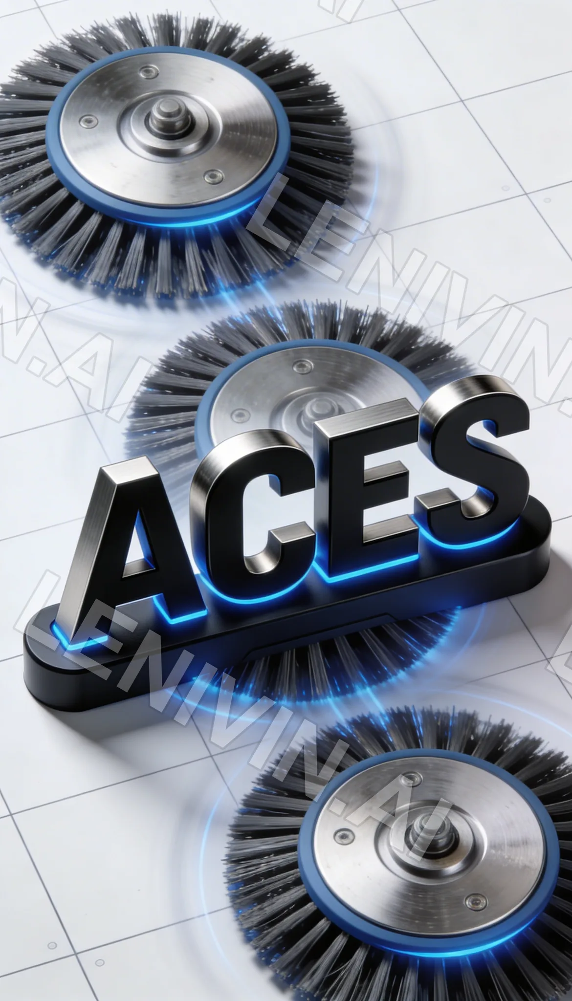 Три щётки с чёрной щетиной и синей подсветкой, поверх объёмная надпись ACES на белой сетке чертежа