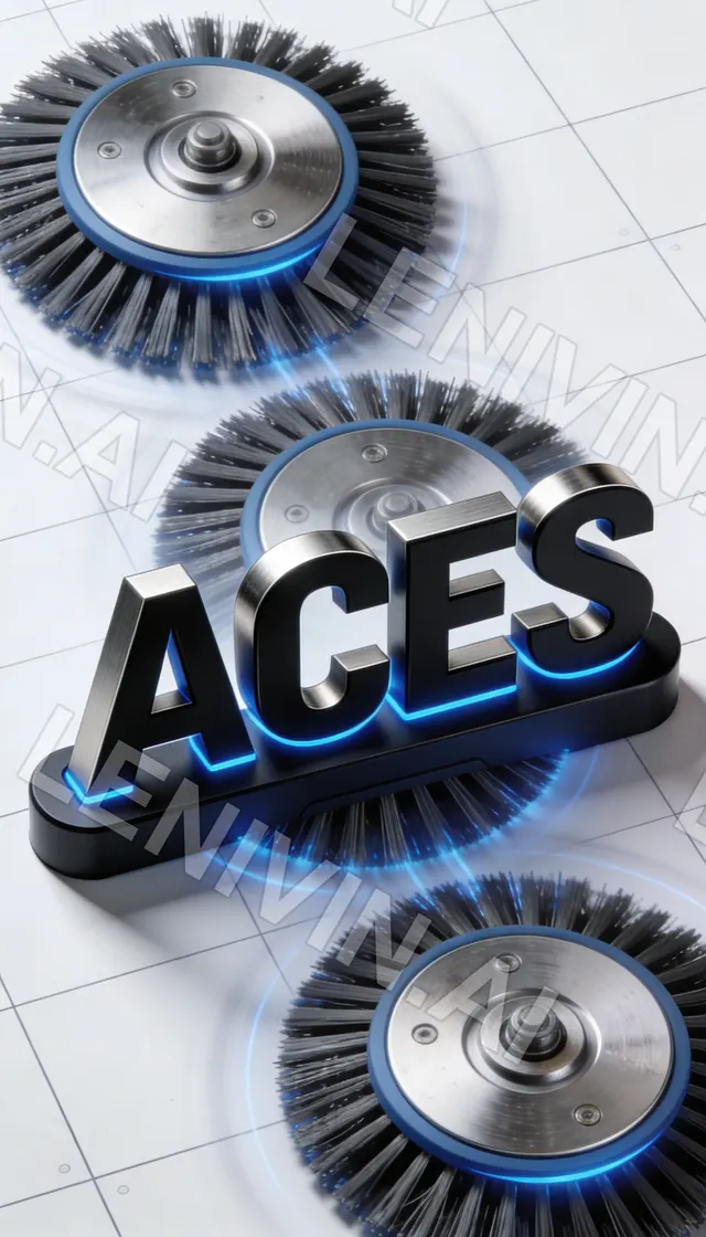 Три щётки с чёрной щетиной и синей подсветкой, поверх объёмная надпись ACES на белой сетке чертежа