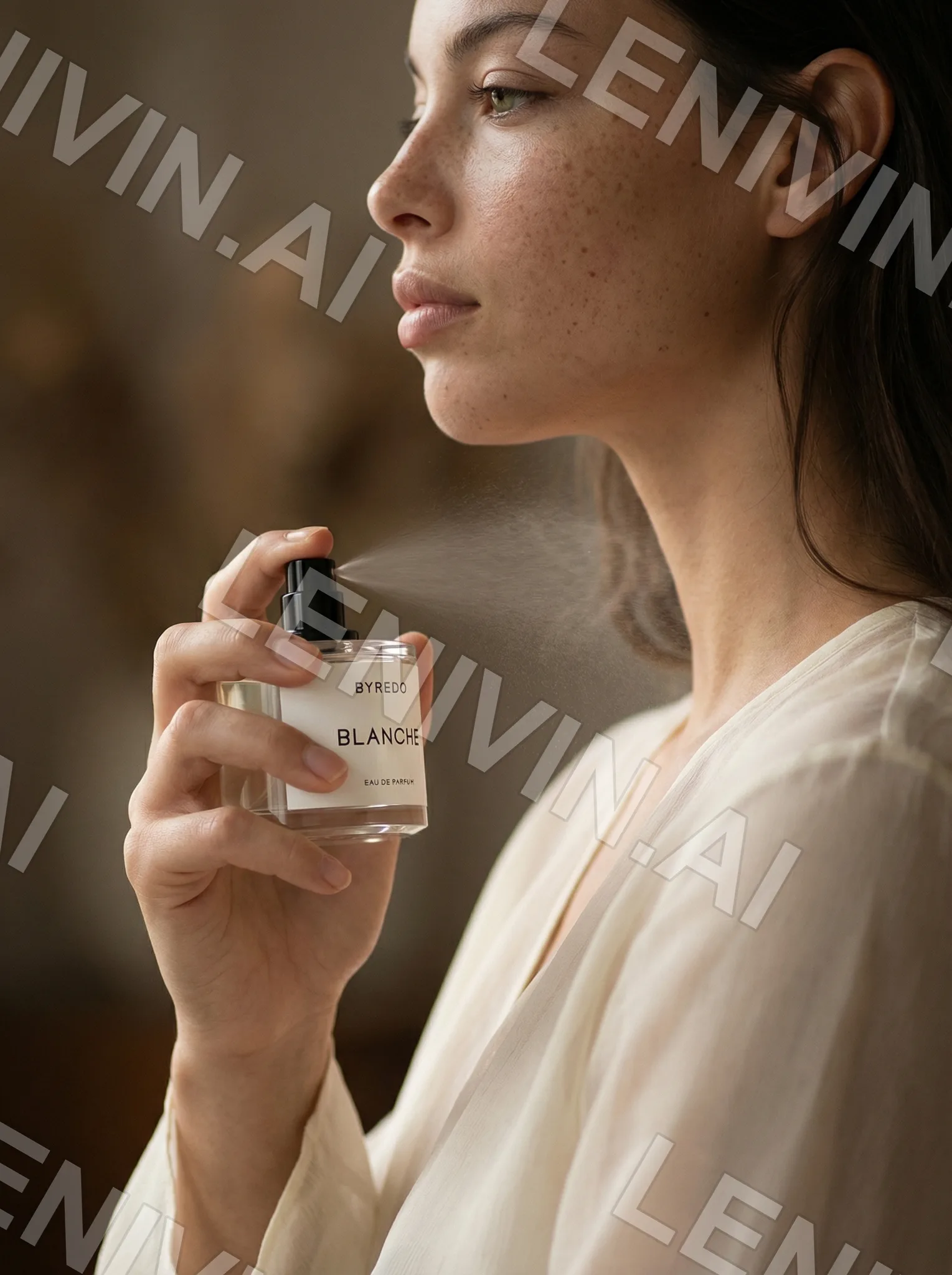 Брюнетка в белой блузе прыскает духами из флакона Byredo Blanche, профиль, тёплый фон