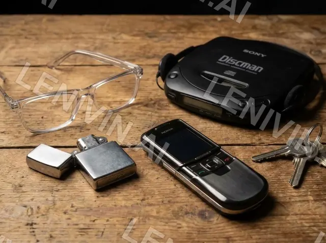 Ролик: на деревянном столе плеер Sony Discman, мобильник, зажигалка, ключи и прозрачные очки