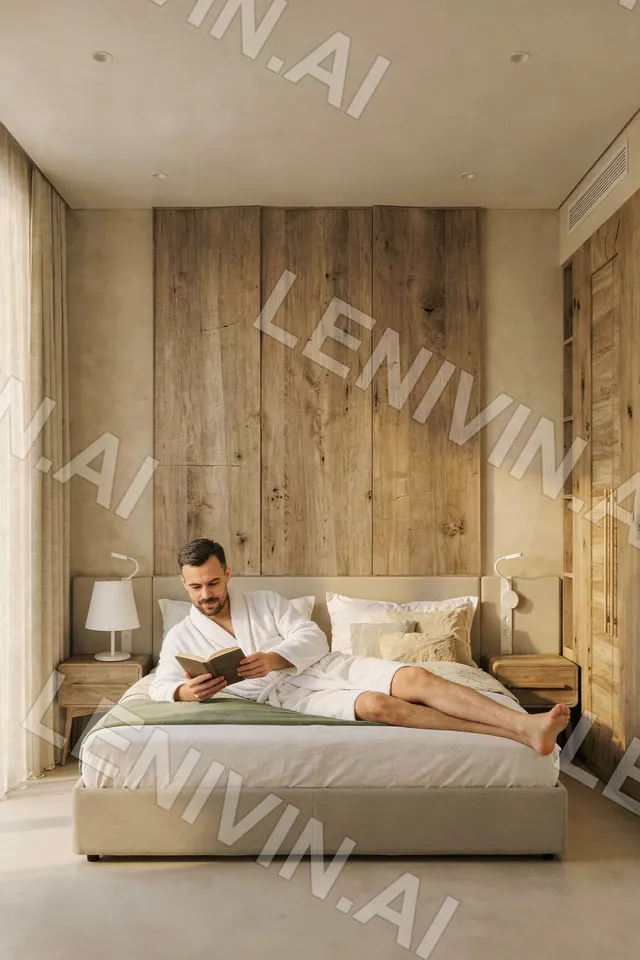 Мужчина в белом халате лежит и читает книгу на кровати в номере с деревянной стеной