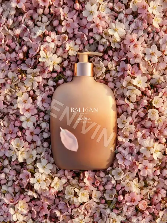 Ролик: флакон Balisan Body Milk лежит в россыпи розово-белых цветов, сверху лепесток