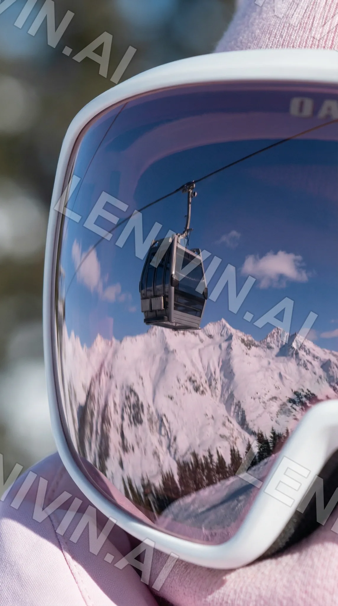 Отражение подъёмника и заснеженных гор в розовых лыжных очках Oakley, крупный план