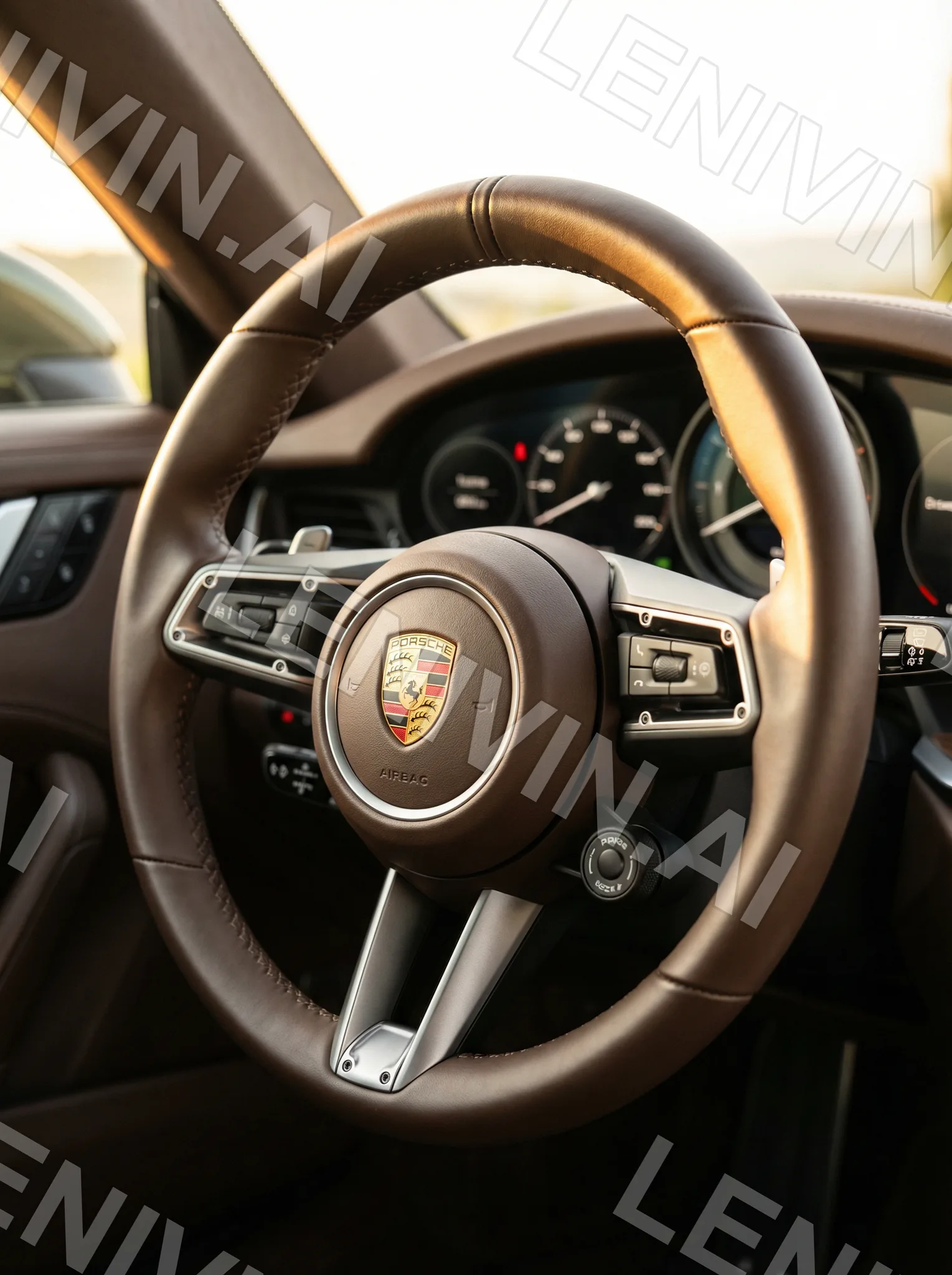 Коричневый кожаный руль Porsche с гербом на ступице, приборная панель и мягкий свет из окна