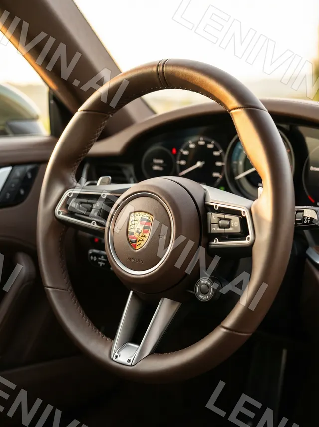 Коричневый кожаный руль Porsche с гербом на ступице, приборная панель и мягкий свет из окна