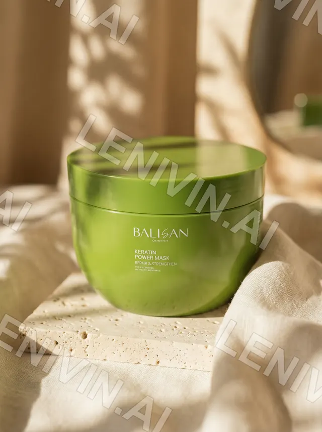 Зелёная банка Balisan Power Mask на каменной плите и кремовой ткани, пятна света