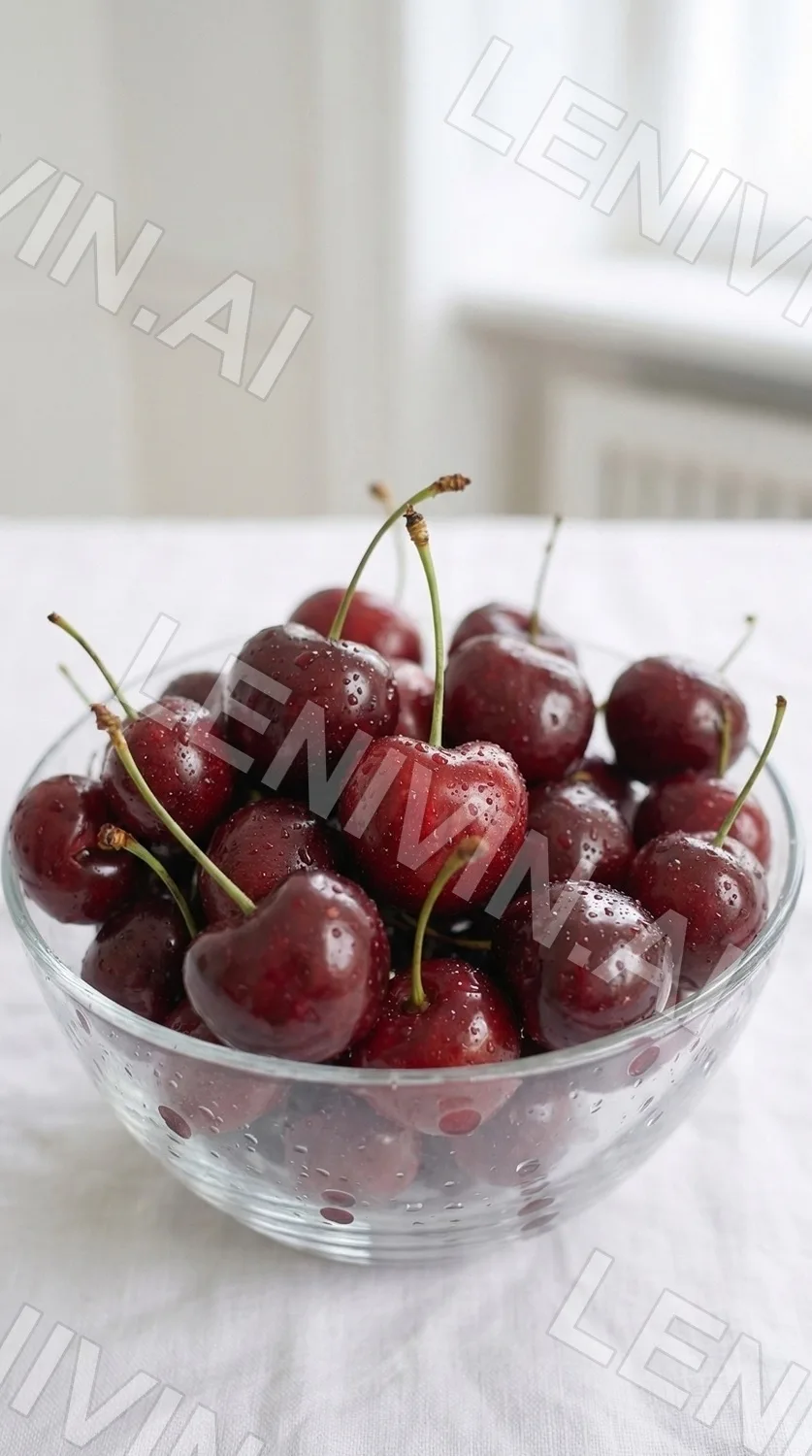 Стеклянная миска с вишней на длинных черешках на белой скатерти у окна