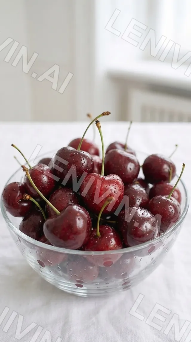 Стеклянная миска с вишней на длинных черешках на белой скатерти у окна