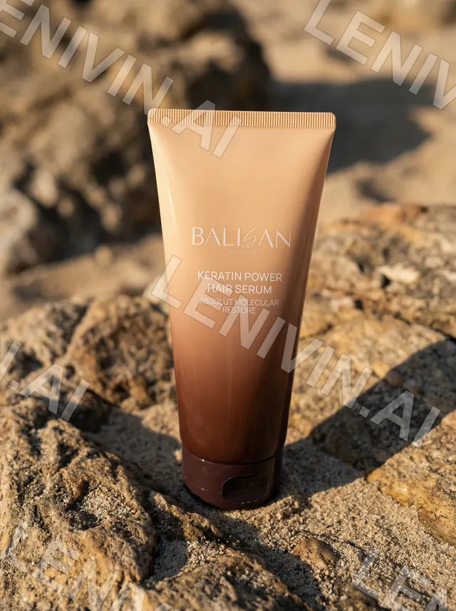 Туба Balisan Keratin Power Hair Serum стоит на нагретом камне, тёплый свет