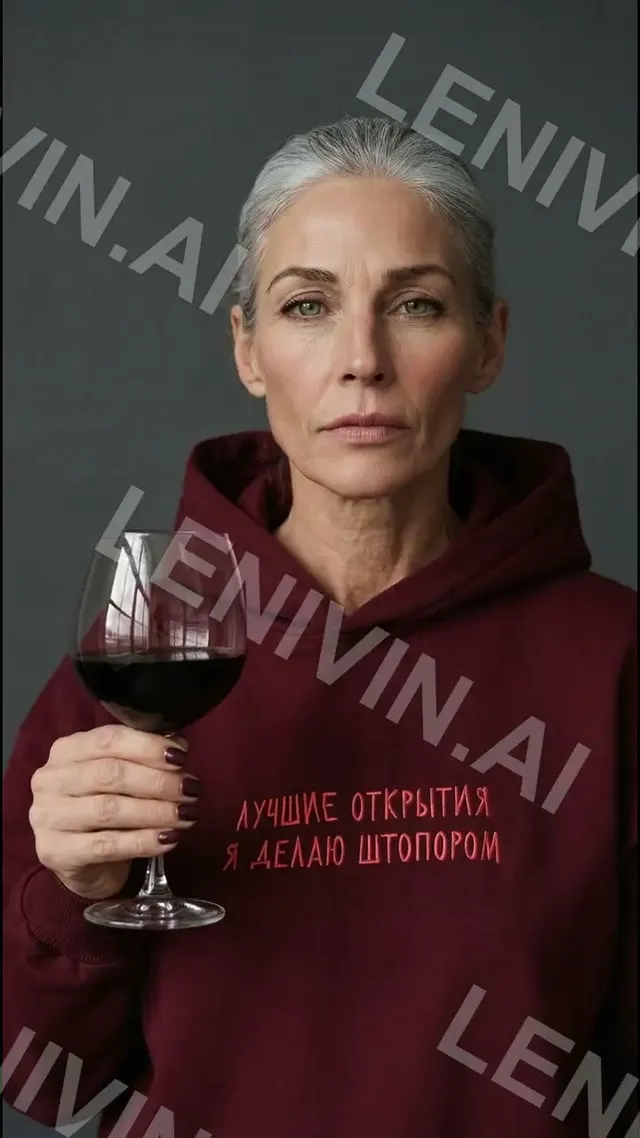 Ролик: седая женщина в бордовом худи с русской надписью держит бокал красного вина на тёмно-сером фоне