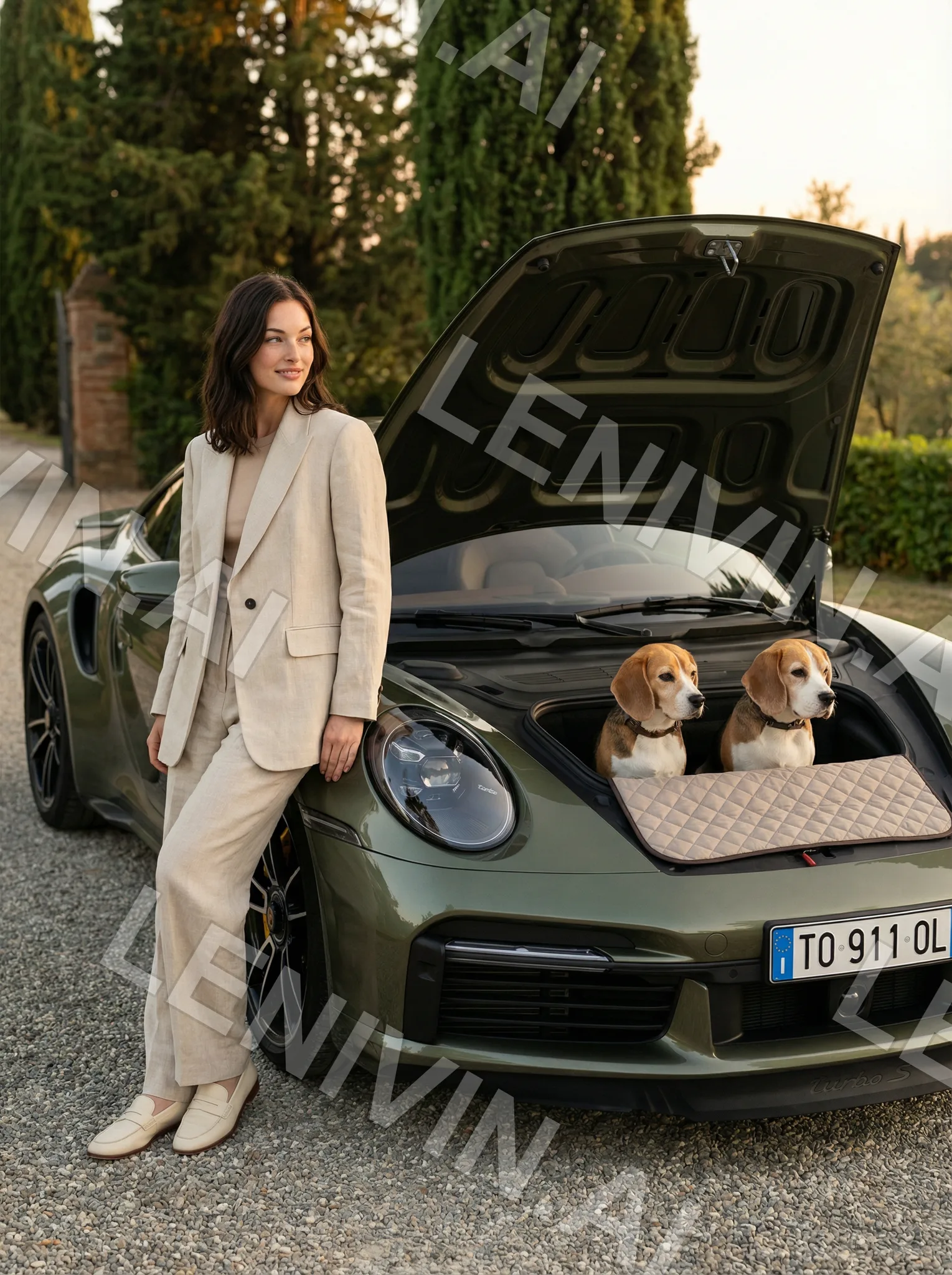 Женщина в бежевом костюме стоит у Porsche с открытым передним багажником, в нём два бигля