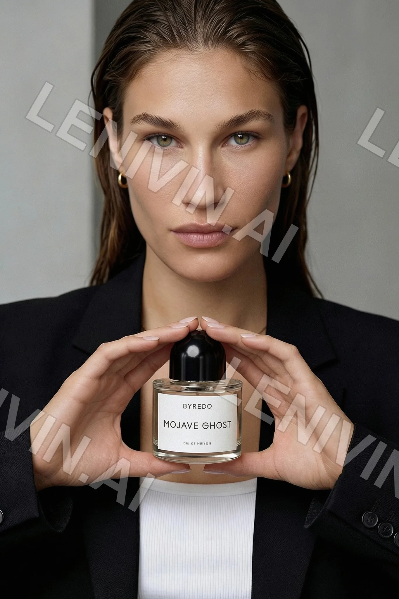 Брюнетка с мокрыми волосами в чёрном пиджаке держит флакон Byredo Mojave Ghost двумя руками