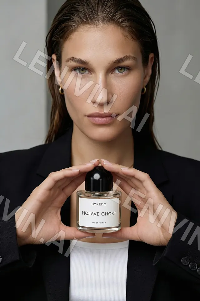 Брюнетка с мокрыми волосами в чёрном пиджаке держит флакон Byredo Mojave Ghost двумя руками