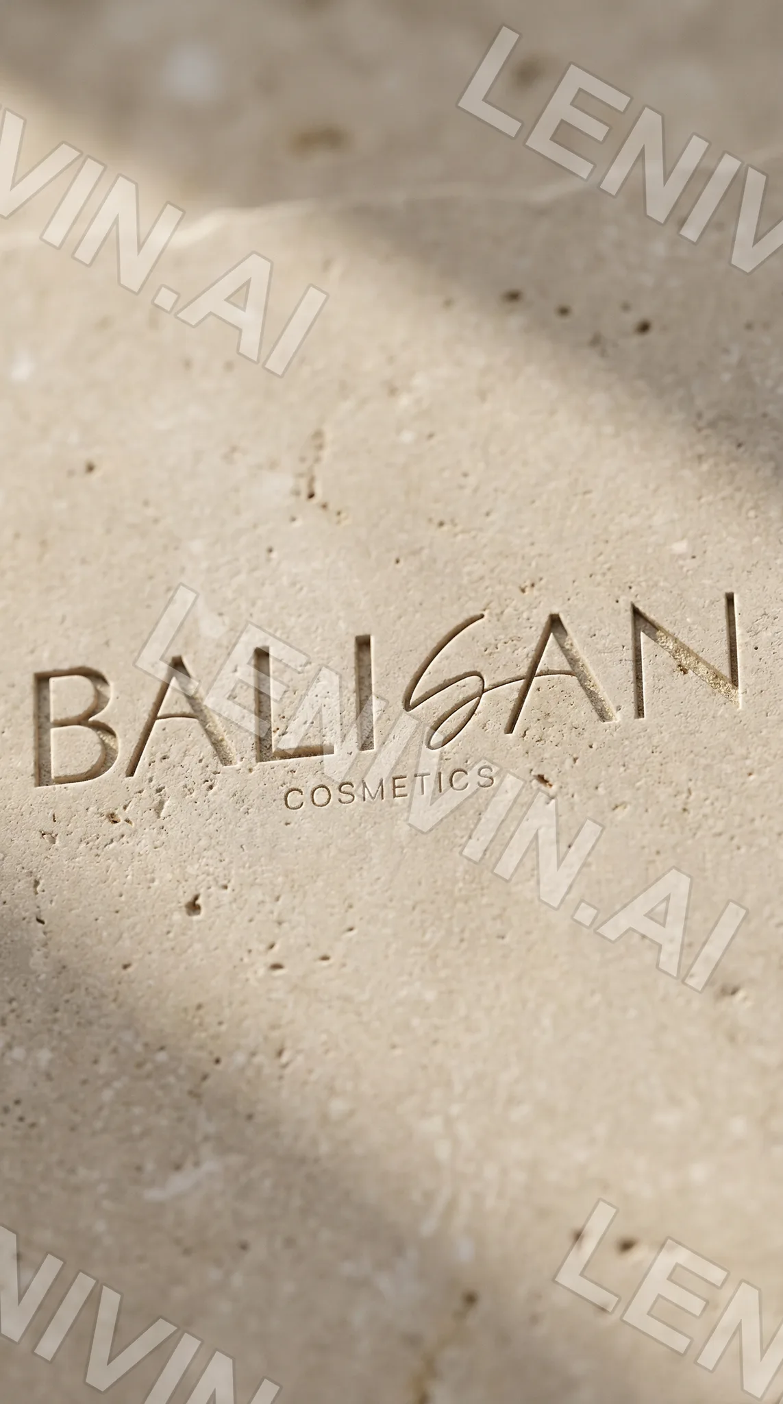 Логотип BALISAN Cosmetics, выбитый на бежевом травертине, лёгкая тень по камню