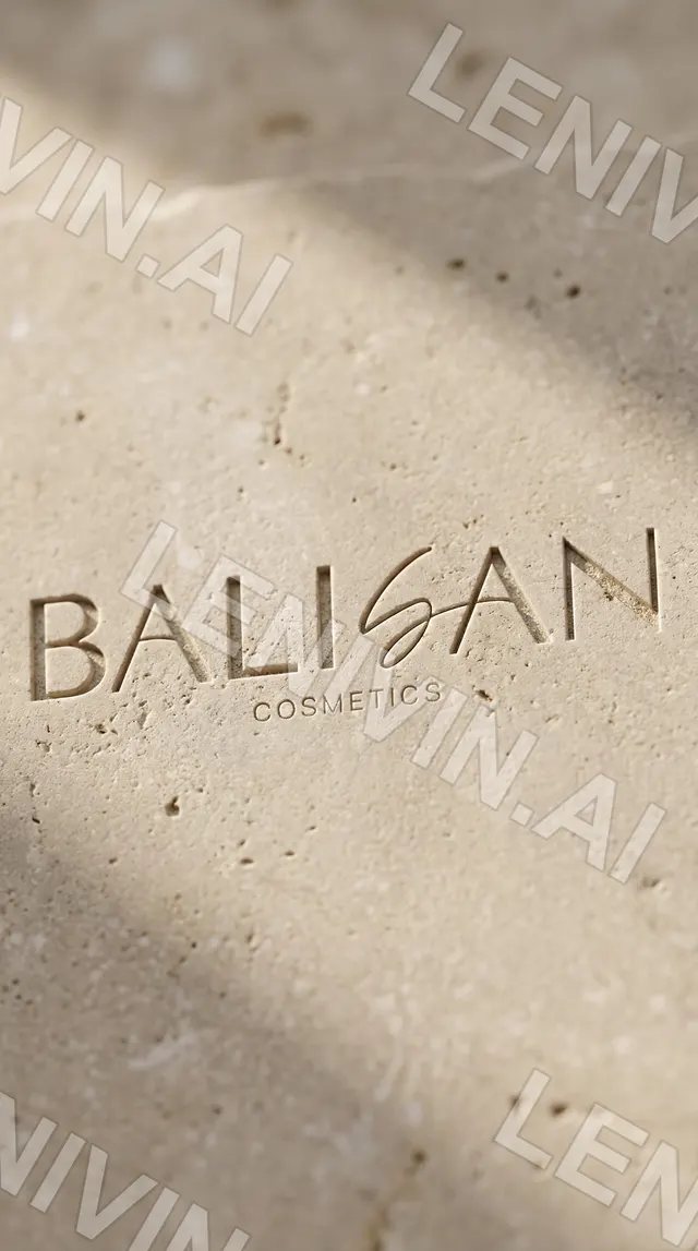 Логотип BALISAN Cosmetics, выбитый на бежевом травертине, лёгкая тень по камню