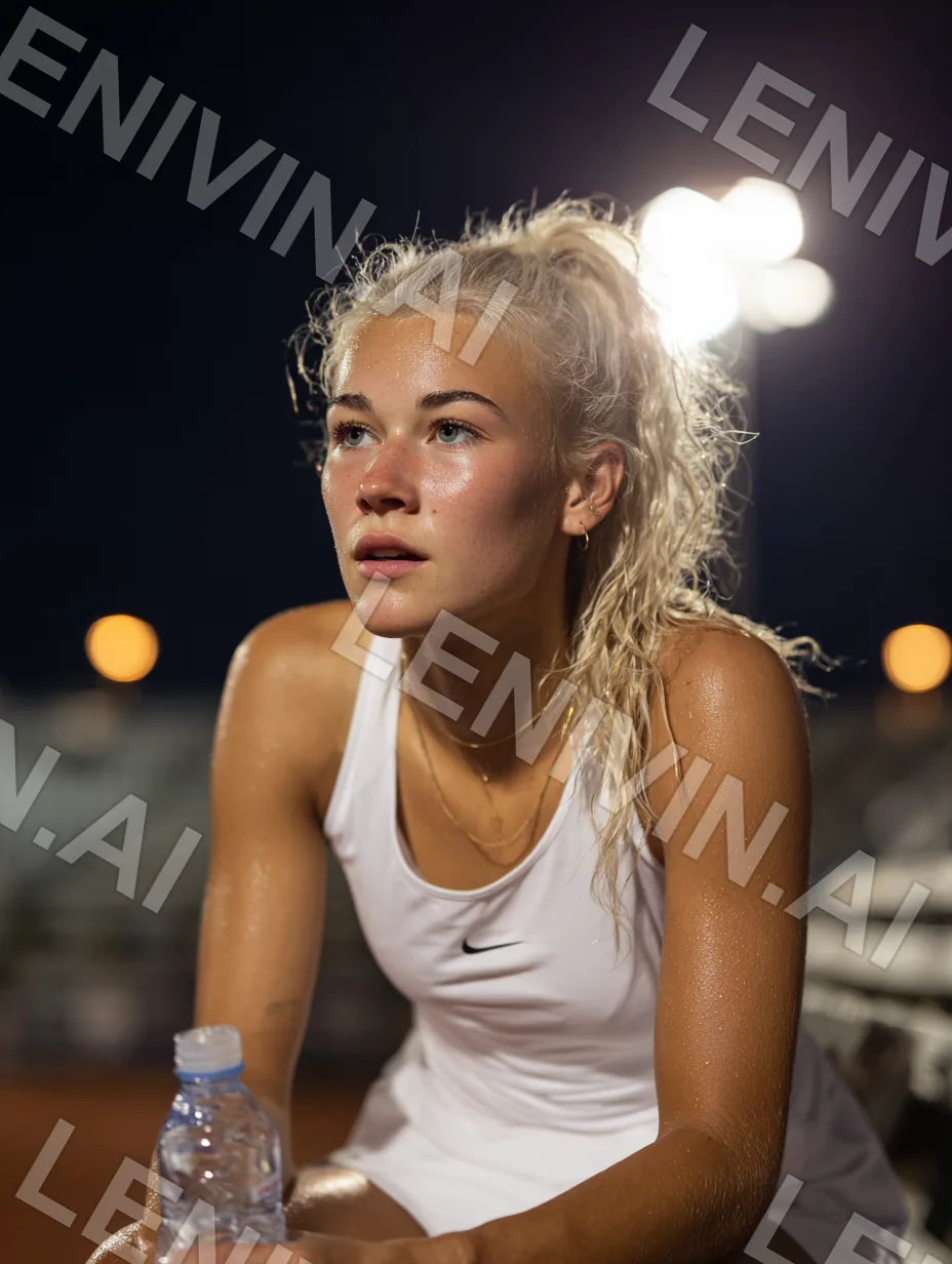 Блондинка с хвостом в белой майке сидит на скамье, рядом бутылка воды, ночной стадион с боке