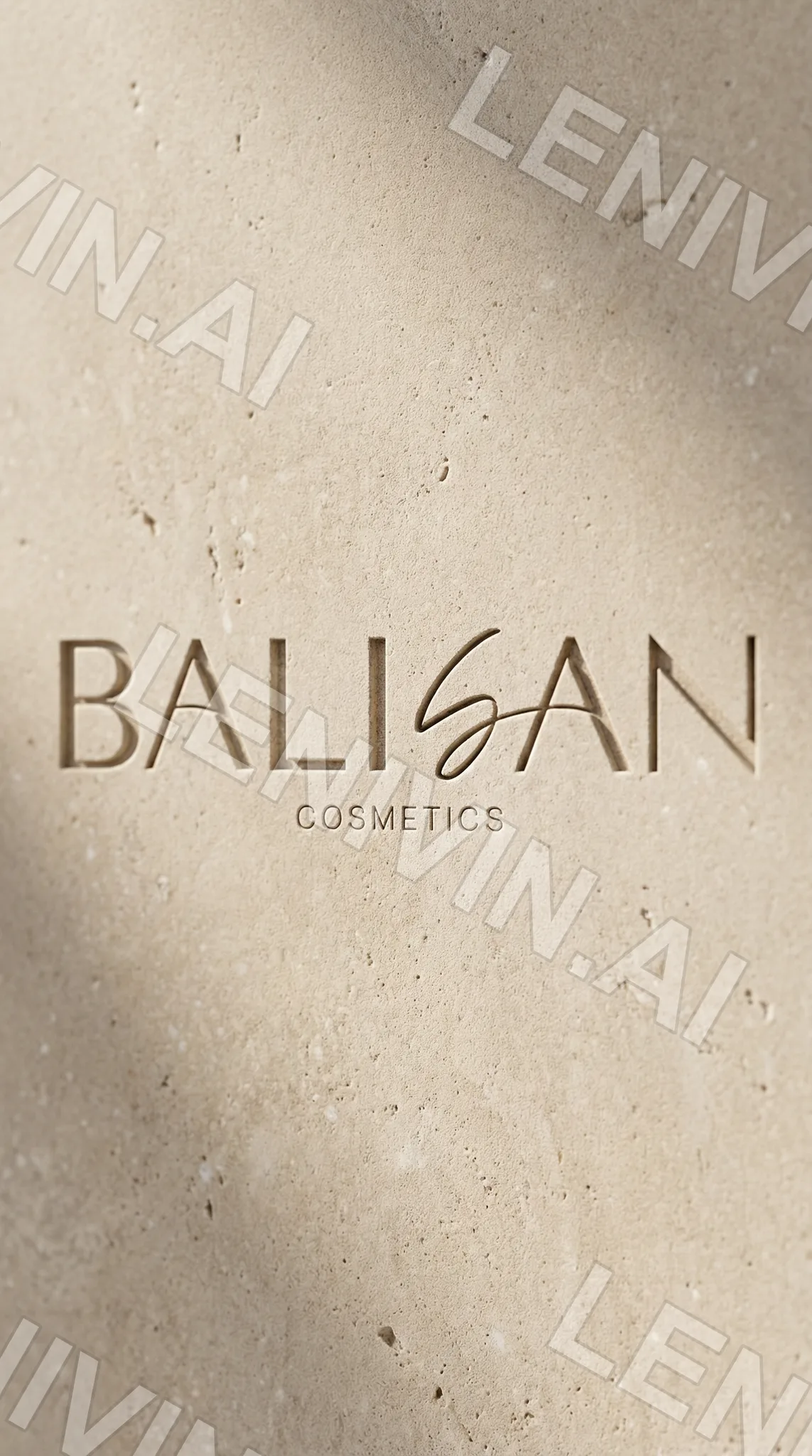Логотип BALISAN Cosmetics выдавлен на светлом травертине, диагональная тень от окна
