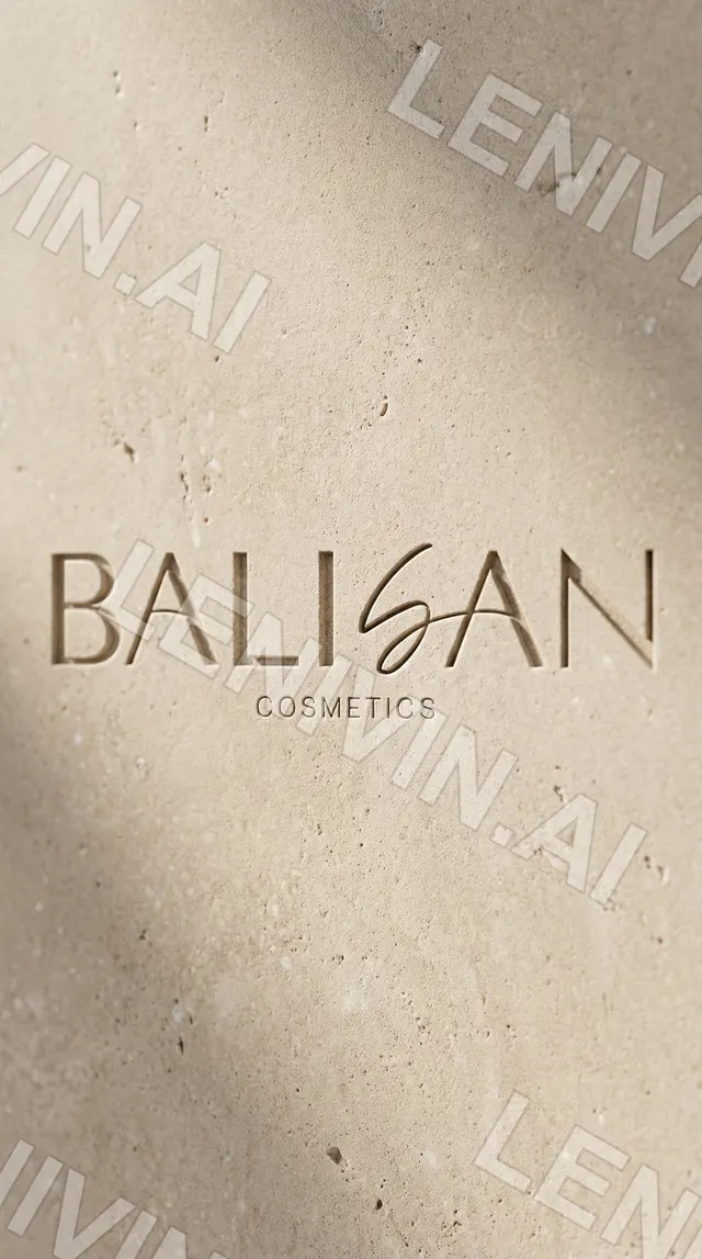 Логотип BALISAN Cosmetics выдавлен на светлом травертине, диагональная тень от окна