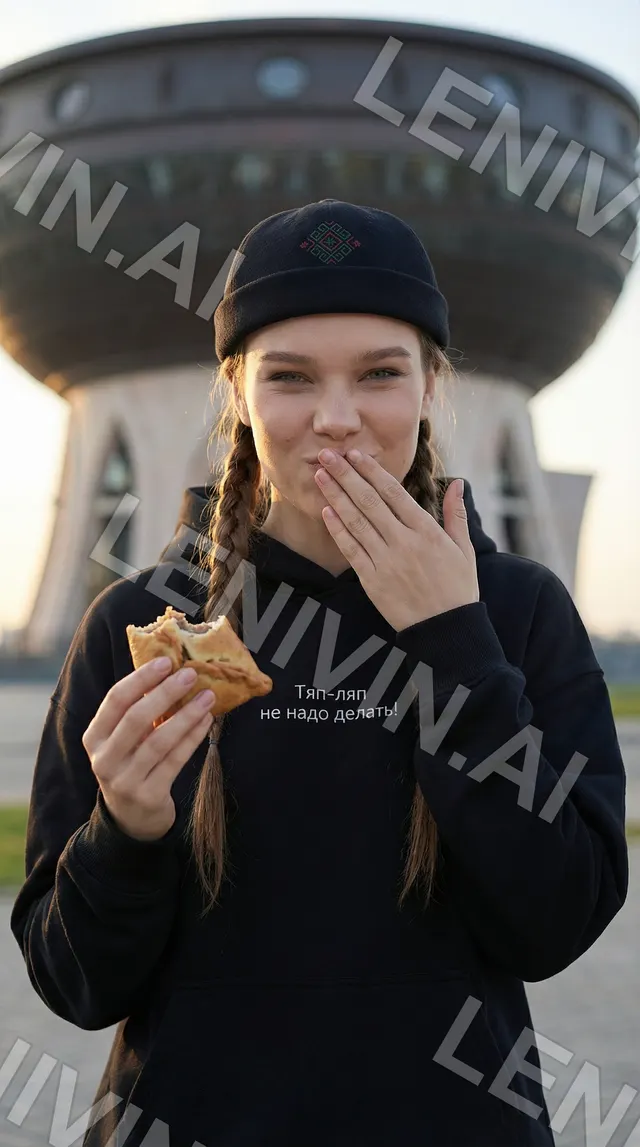 Девушка в чёрной худи с длинными косами и шапке ест чебурек, закрыв рот ладонью, на фоне круглого здания