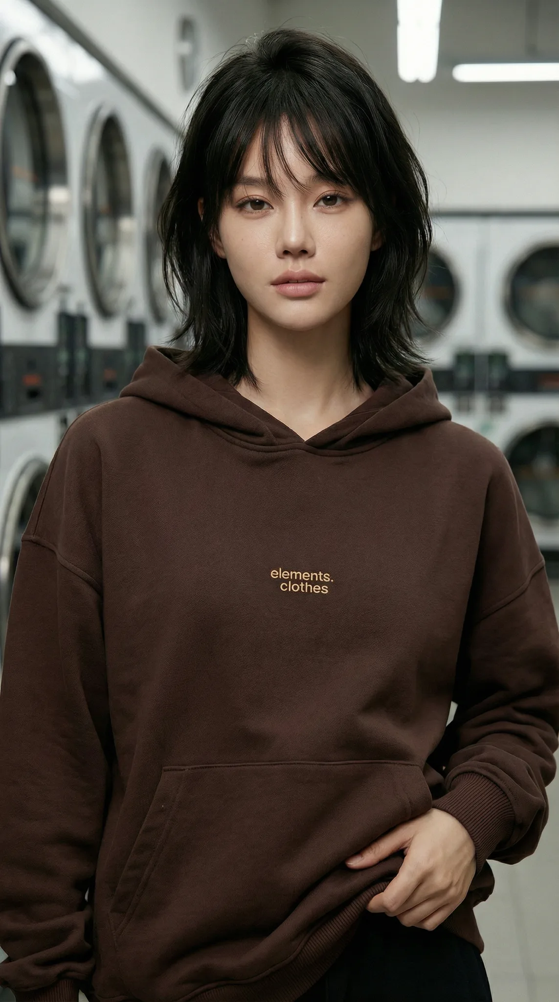 Азиатская модель в коричневом худи elements clothes стоит у стиральных машин в прачечной