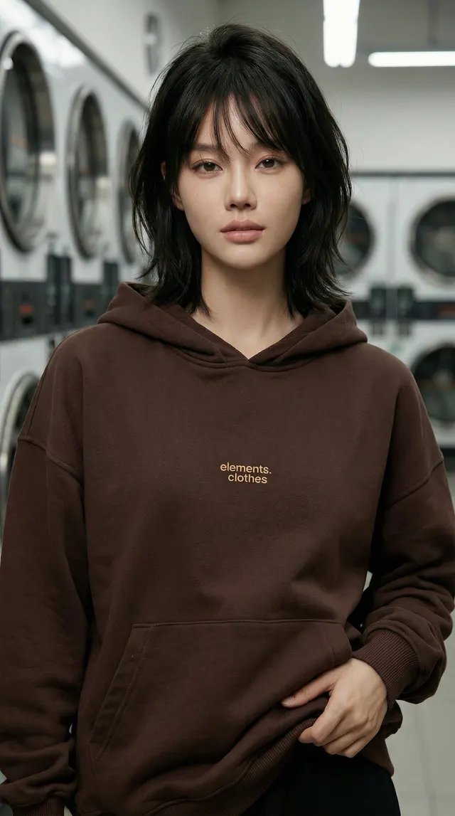 Азиатская модель в коричневом худи elements clothes стоит у стиральных машин в прачечной