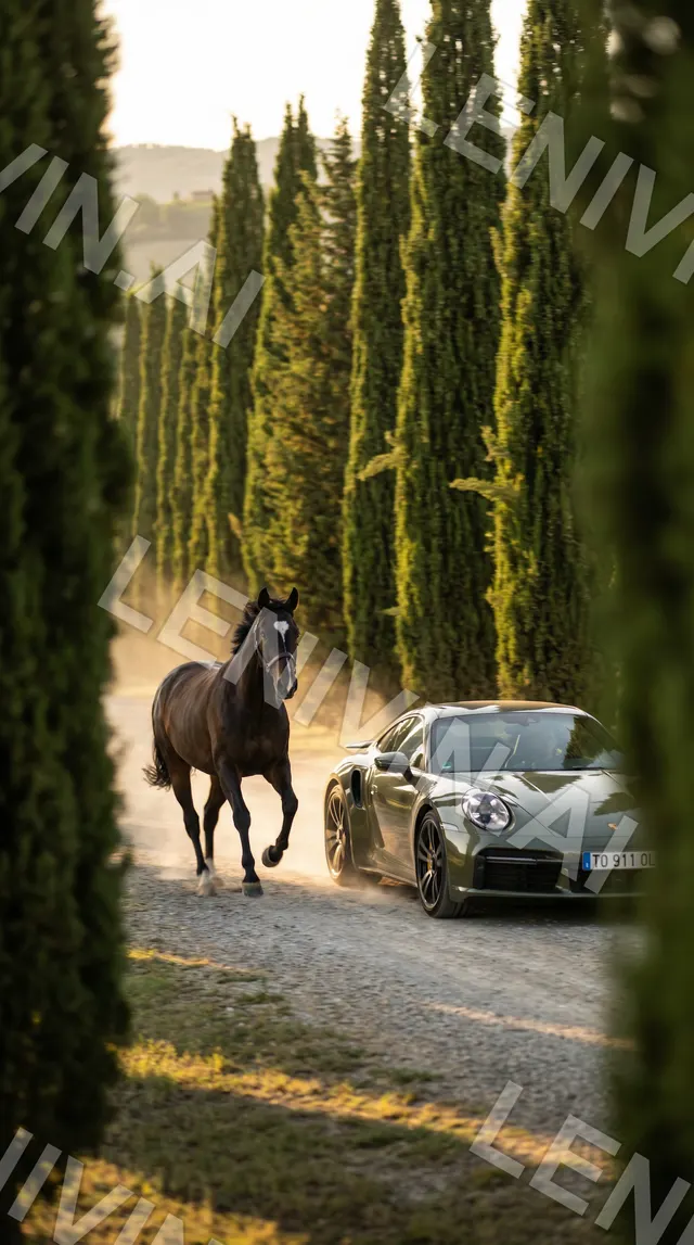 Тёмная лошадь скачет по дороге между кипарисами, позади оливковый Porsche