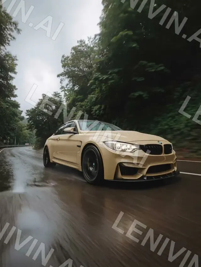 Ролик: бежевый BMW M4 на мокрой лесной дороге в движении, размытый асфальт