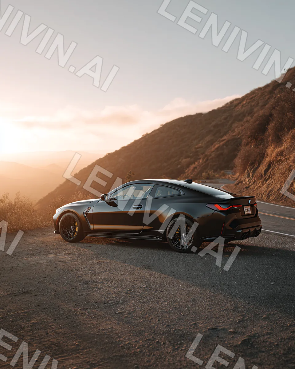 Чёрный BMW купе на горной дороге на закате, золотой склон