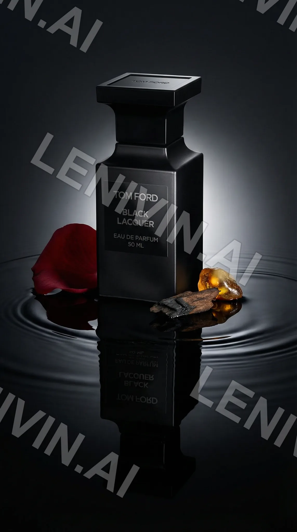 Флакон Tom Ford Black Lacquer с красным лепестком и янтарём на тёмной воде, отражение