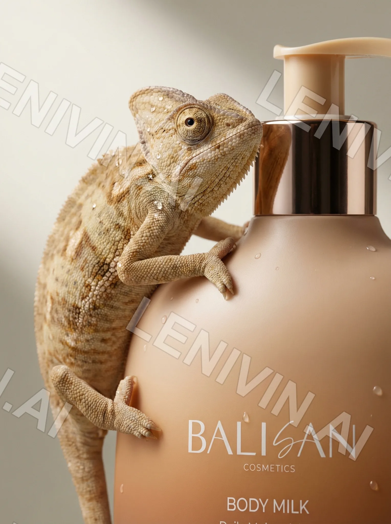 Хамелеон прижался к флакону Balisan Body Milk, виден логотип