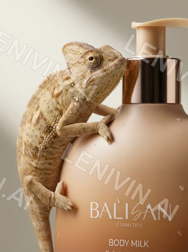 Хамелеон прижался к флакону Balisan Body Milk, виден логотип