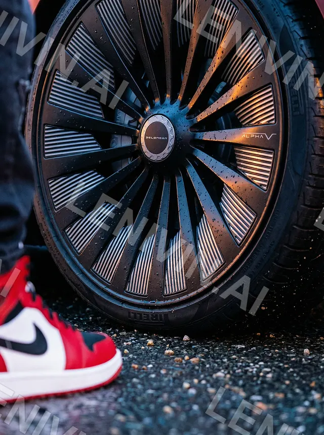 Колесо с ребристым диском крупным планом и красно-белый кроссовок Nike, мокрый асфальт