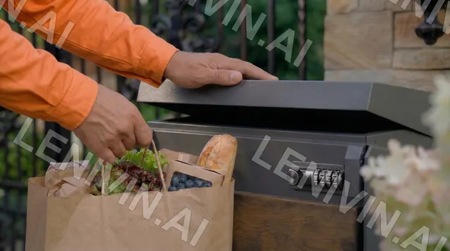 Курьер в оранжевом кладёт пакет с продуктами и хлебом в ящик у ворот, вид сверху