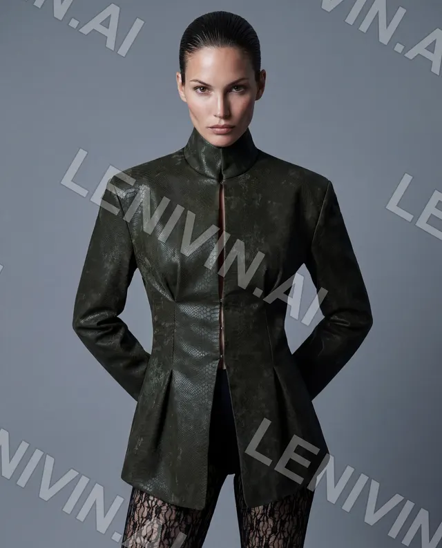 Женщина в оливковой кожаной куртке со стоячим воротником стоит, руки в карманах, серо-синий фон